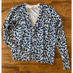 Ann Taylor LOFT Cardigan Sweater Womens Small Blue Leopard Print 100% Cotton